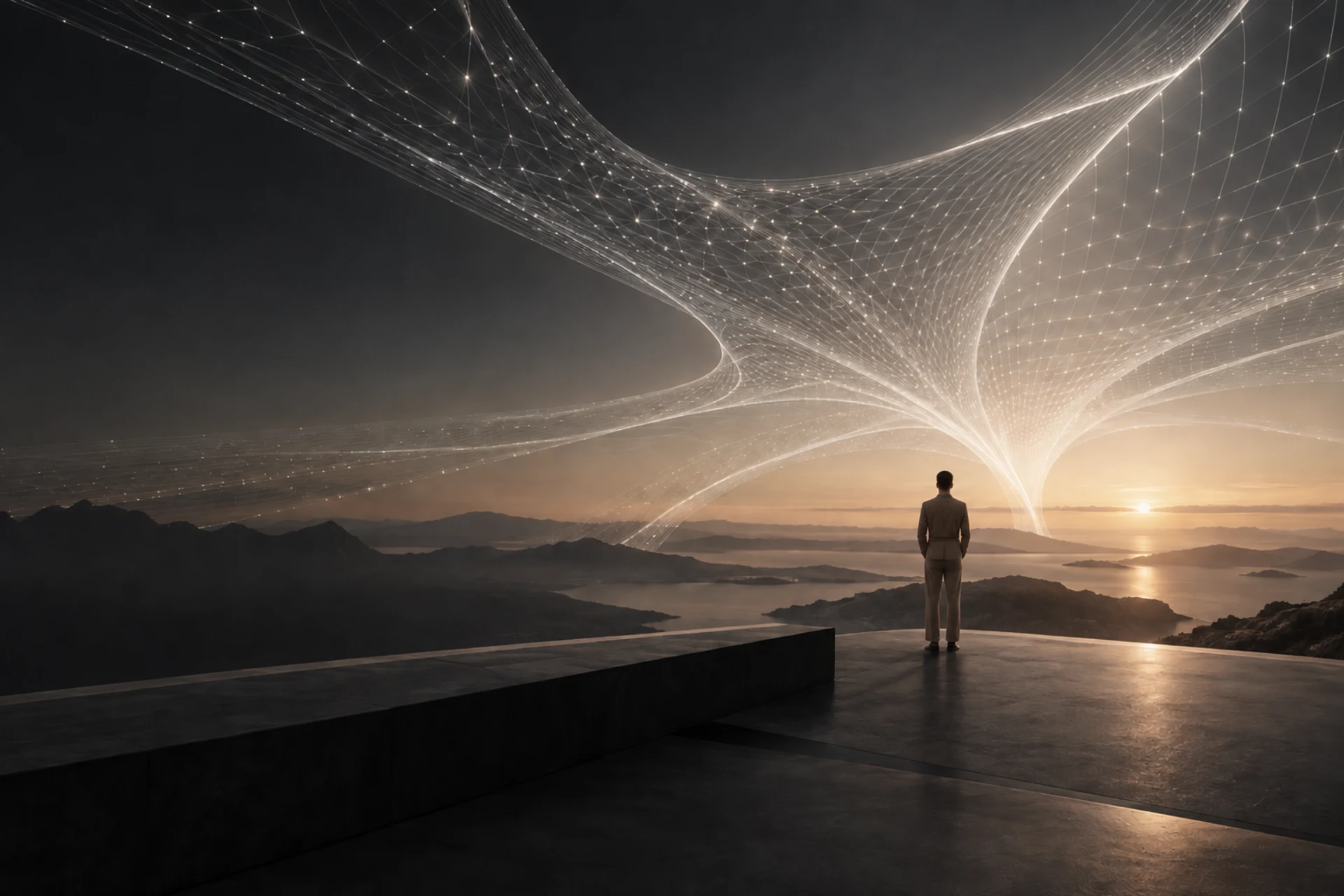 A man looks toward an open horizon beneath an ethereal canopy of connected intelligence.